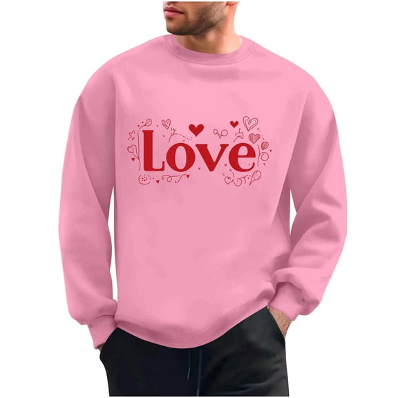 Mens Valentines Day Sweatshirts Love Heart Printed Graphic Casual Loose Long Sleeve Crewneck Pullover Shirts Top (XL, Pink)