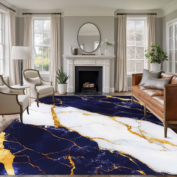Area Rug for Living Room, Blue Marble Non-Slip Indoor Ex Large Carpet for Bedroom/Dining Room, Luxury Gold White Abstract Cracks Artwork Washable Low-Profile Rectangle Floor Runner Rugs - 8 x 10 Ft
