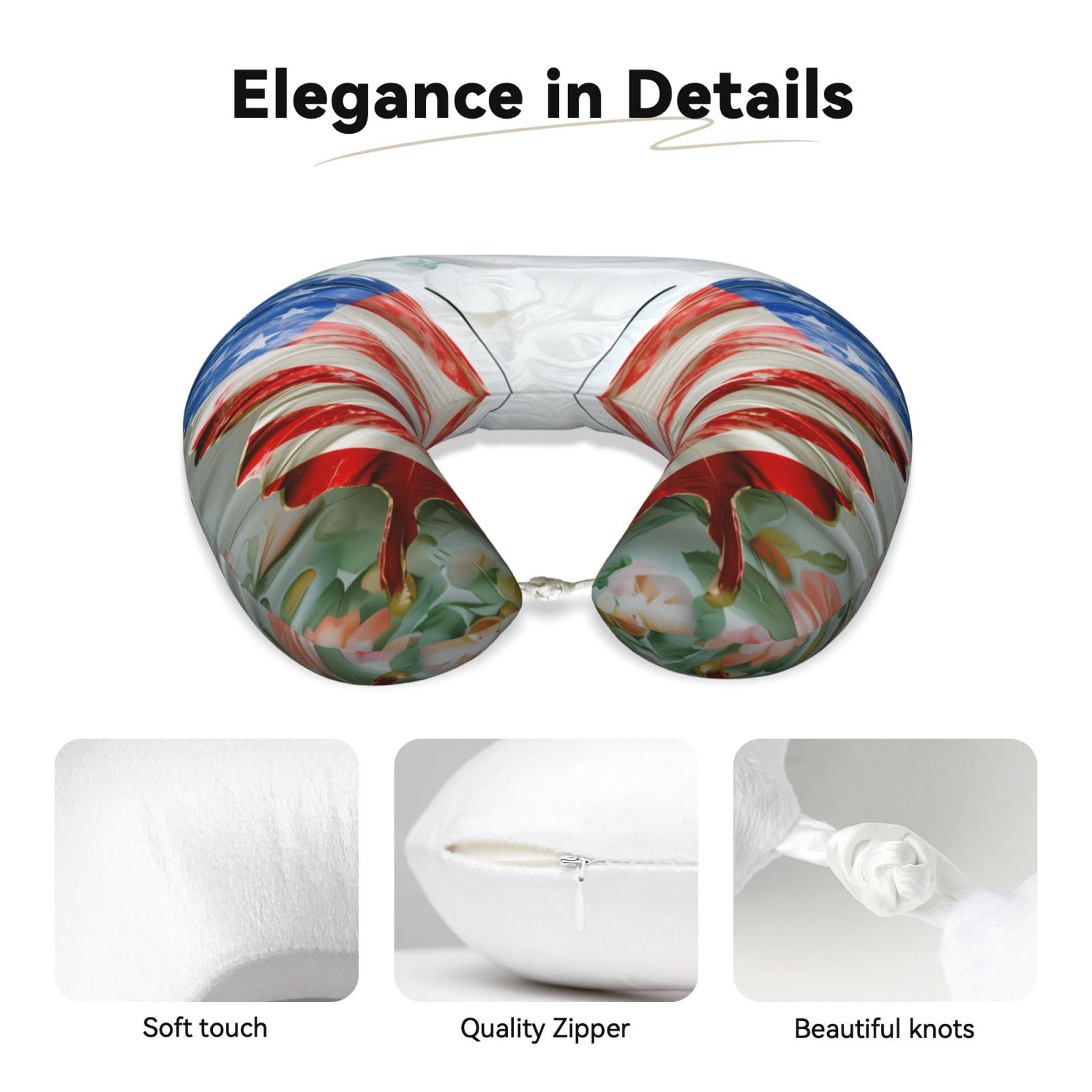 Xecao Patriotic Butterfly Floral Print Memory Foam Cervical Neck Pillow Versatile U-Shaped Pillows for Home,Office,Camping,Travelling,Soft Washable Cover