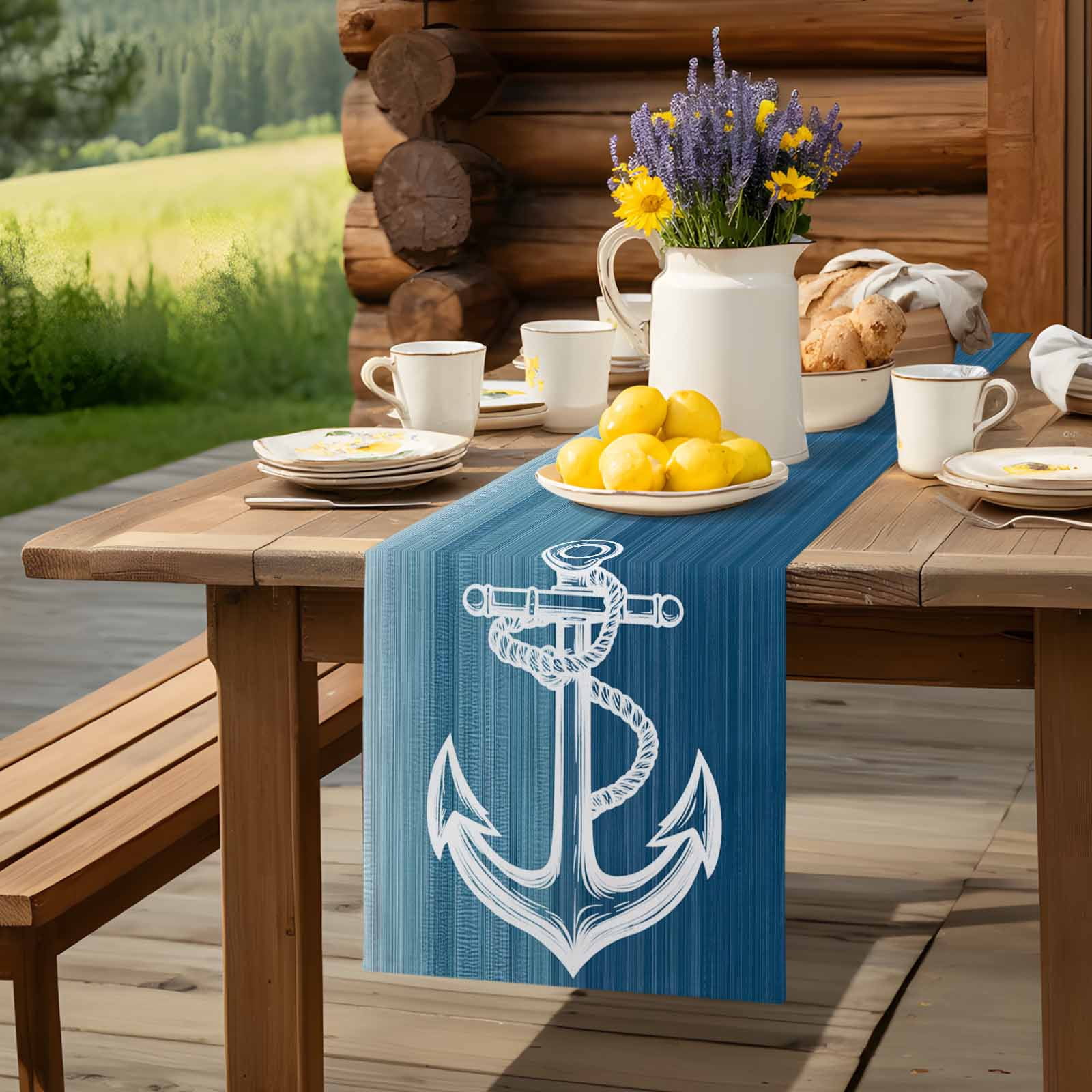 Ocean Nautical Anchor Table Runner 90 Inches Long, Gradient Blue Stripes Table Runners Tabletop Scarf Kitchen Dining Tables Decoration for Home Party Indoor Outdoor