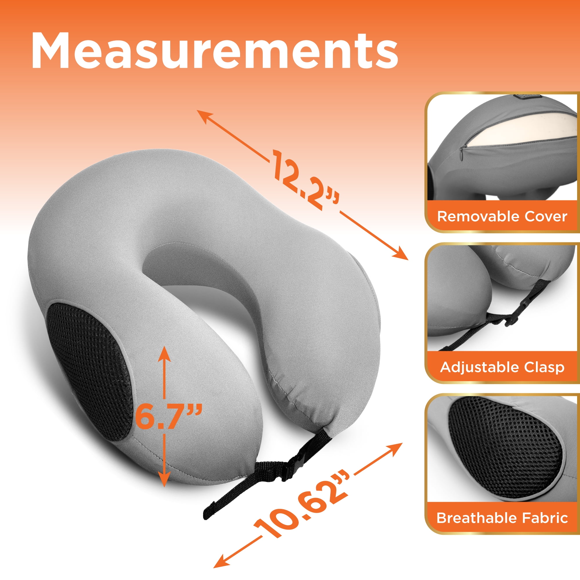 BLACK+DECKER Memory Foam Travel Pillow, Ergonomic Cervical Neck Pillow, Gray