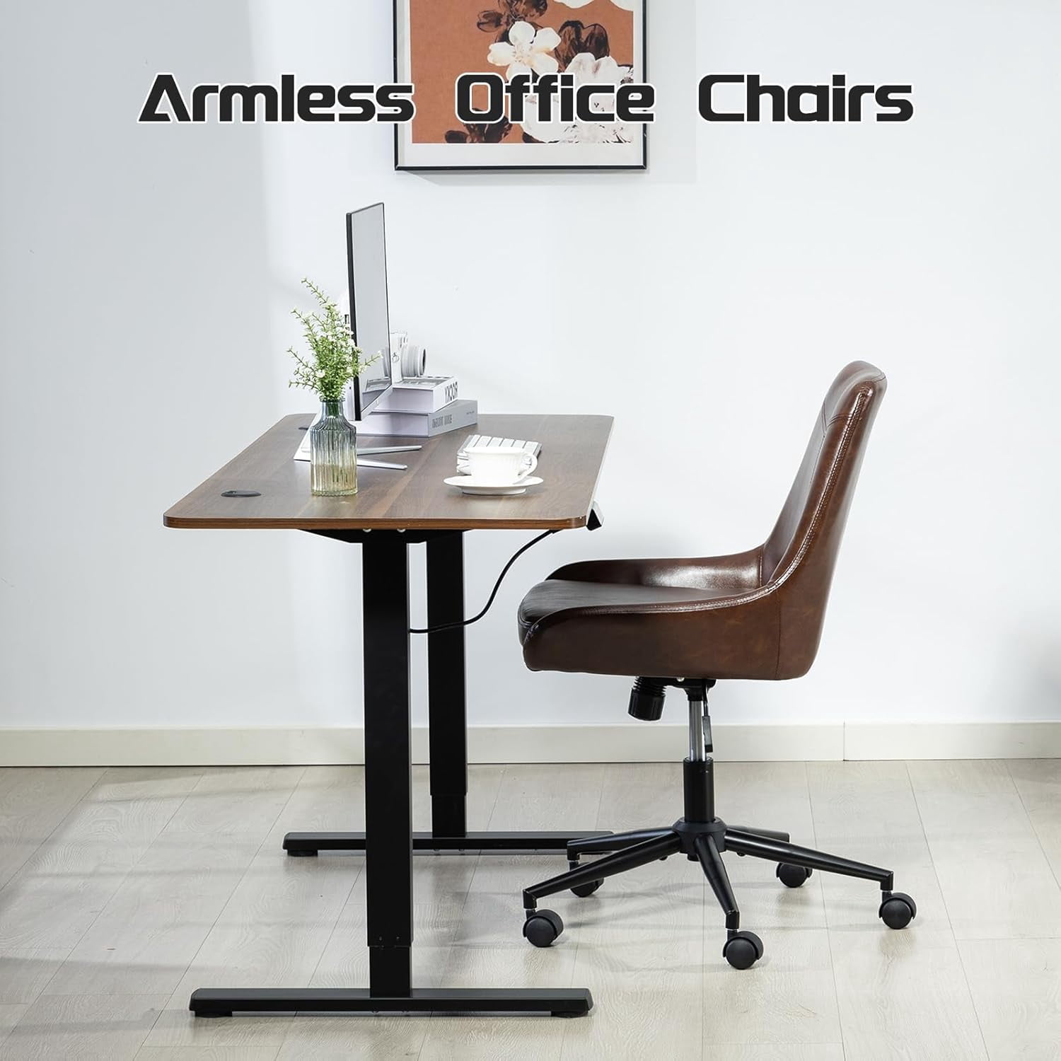Faux Leather Home Office Chair，Comfortable Armless Task Chair Swivel Rolling Adjustable Height Home Office