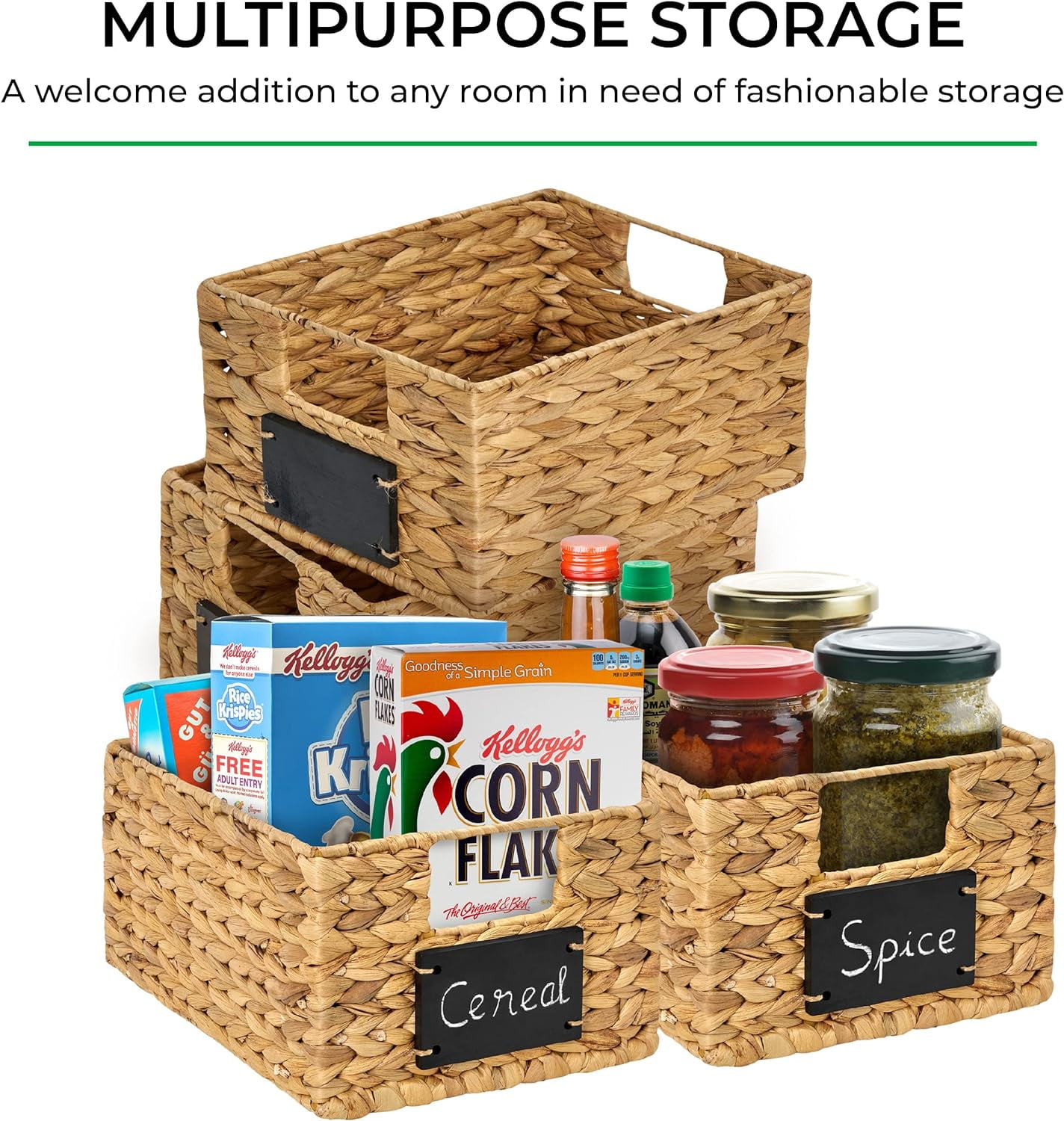 BARIEN 6 Pcs 12" x 9" x 6" Natural Water Hyacinth Woven Storage Baskets, Rectangular Wicker Basket with Built-in Handles, Woven Cube Storage Bin with Chalkboard Label Chalk Marker