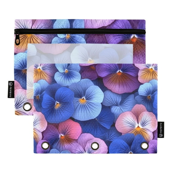 Vibrant Blue Purple Pink Pansies 2 Pack Pencil Pouch for 3 Ring Binder Smooth Zipper Folders with Pockets Clear Window Pencil Case