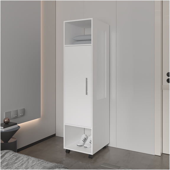 JERFIT White Modern Wardrobe with Mirror, Sliding Door & Open Storage for Bedroom Organization