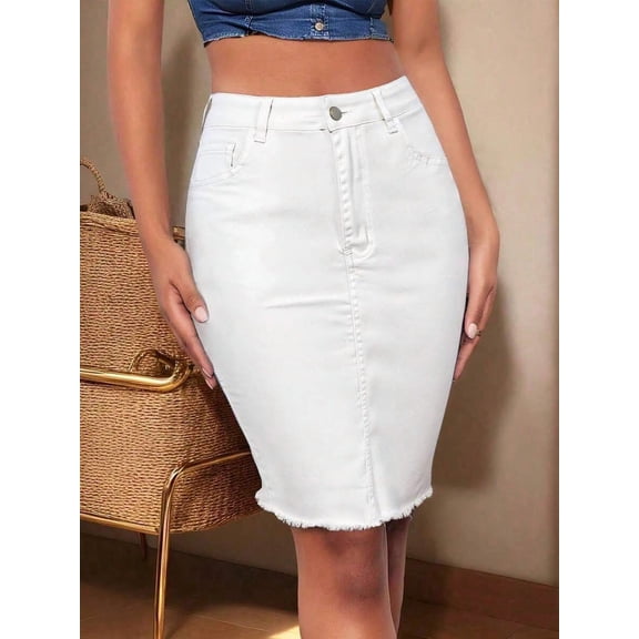 Womens White Fitted Denim Mini Skirt With Raw Hem And Button Front