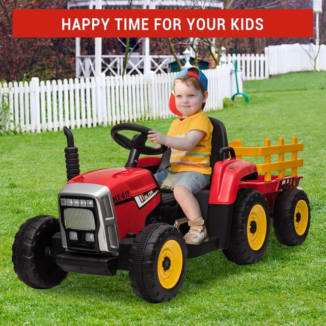 EDTara Kids Ride On Tractor, 12v Toddler Electric Car With Detachable Trailer, Remote Control, 2+1 Gear Shift, 7 Led Headlights, Music, Horn, Perfect Ride On Toy for Ages 3-8