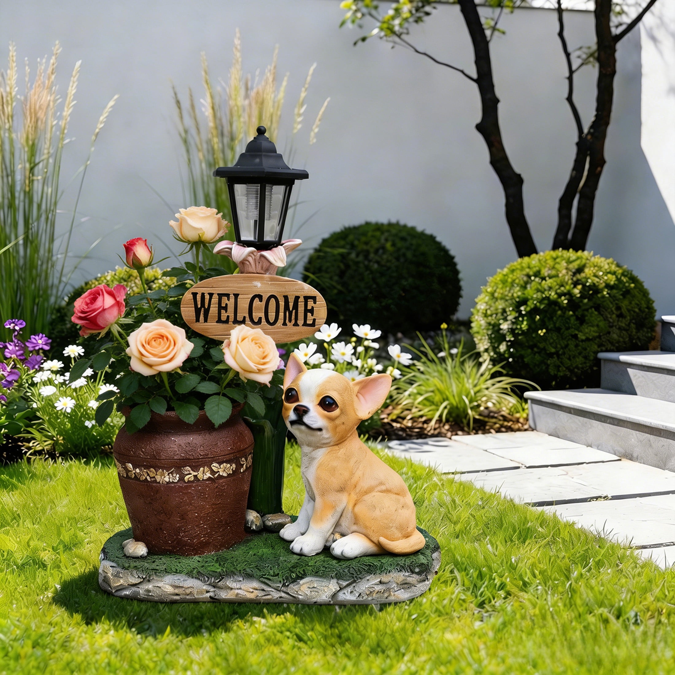 Noble House Corgi Dog Planter Statue with Solar Lantern, Realistic Resin Figurine Flower Pot for Garden, Multicolor
