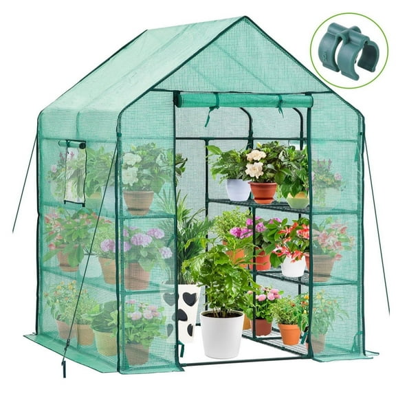 ESL Greenhouse for Outdoors with Screen Windows, 57 x 57 x 76'' Walk in Plant Greenhouses Heavy Duty with Durable PE Cover, 3 Tiers 12 Shelves Stands Plastic Portable Green House with Shelf Clips