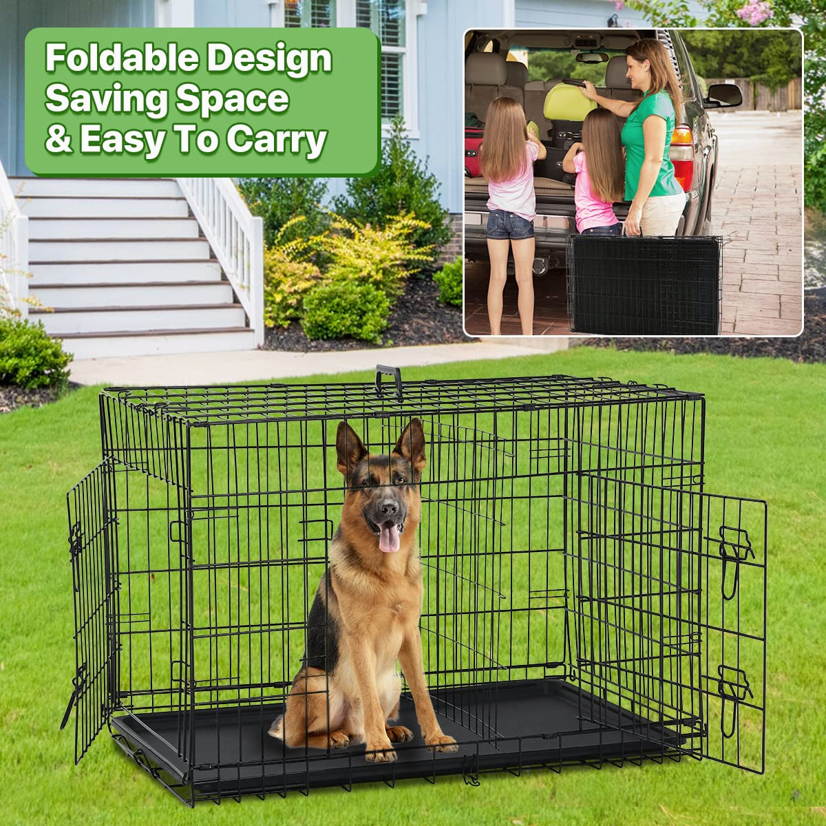 Dkelincs 42" XL Foldable Dog Crate Metal Dog Cage Kennel with Double Door & Tray, Black