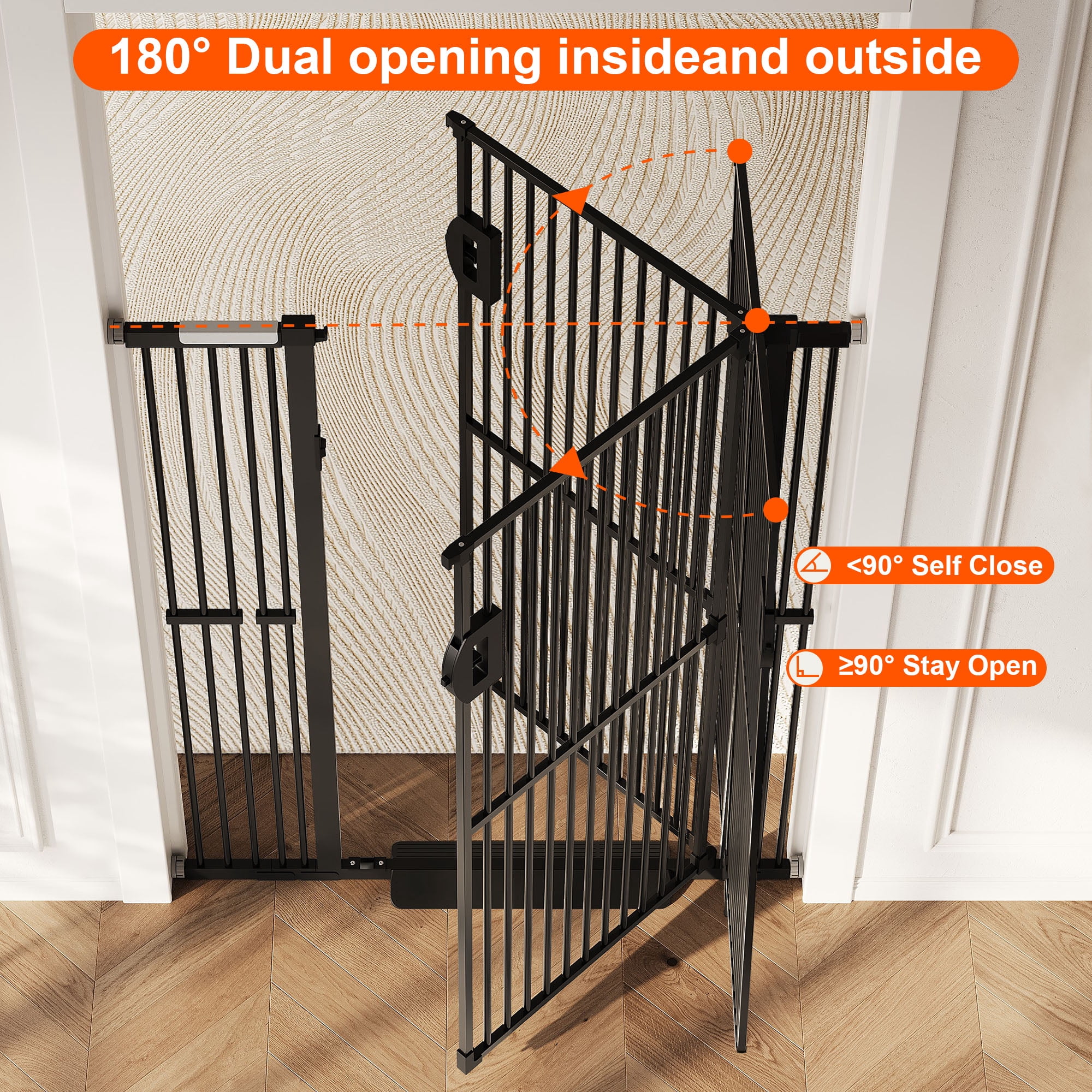 AOPEC 57" Extra Tall Pet Gate, Auto Close Dog Door Pressure Mounted No Drilling for Doorways, Hallways, Stairs, Expandable 27.5"-38.5" Wide, Narrow 1.18" Spacing for Small Dogs & Puppies, Black