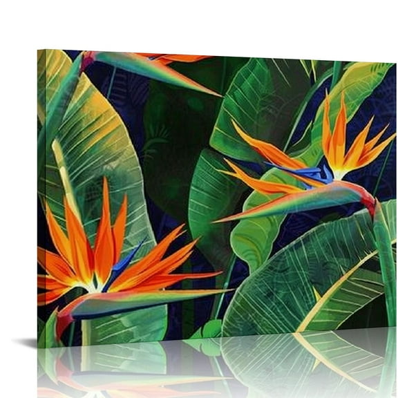 Creowell Tropical Flower Canvas Painting Bird of Paradise and Green Palm Leaf Pictures Wall Art Hawaii Floral Artwork Framed 20x16in