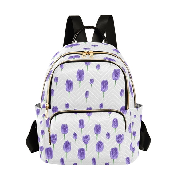Qxltty Quilted Backpack for Women, Simple Purple Tulip Travel Daypack with Front Pocket for Casual Daily Use