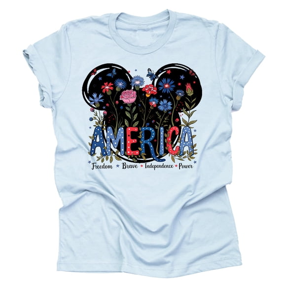 July 4th Shirt, Independence Day Wild Flower Mickey Unisex Shirt Short Sleeve T-Shirt ( XX-Large, Light Blue)