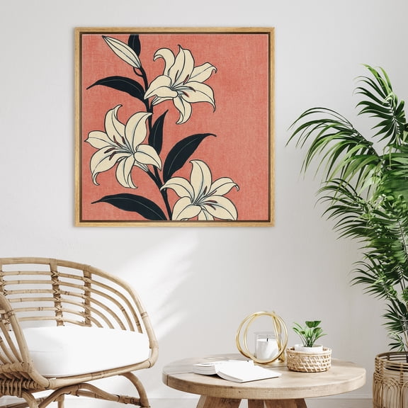 Framed Canvas Print Flower Wall Art Japandi Decorative for Living Room Bedroom - 16"x16" NATURAL
