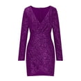 thumbnail image 7 of lcziwo Lightning Prime Deals Womens Glitter Sequin Wrap Dress Solid Deep V-neck Long Sleeve Bodycon Dress Sparkly Cocktail Party Dresses,Purple,XL, 7 of 7