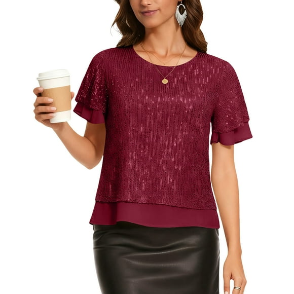 Xdegoge Sparkly Tops for Women Sequin Glitter Cocktail Blouses Wedding Guest Ruffle Holiday Evening Party Shirts Night Going Out Top