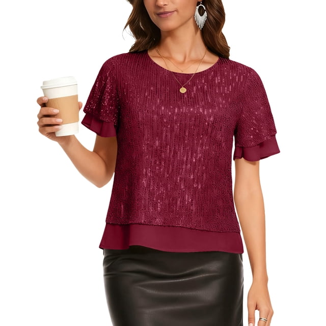 Craaazy Women's Sparkle Short Sleeve Top with Scallop Hem and Round Neck Gifts