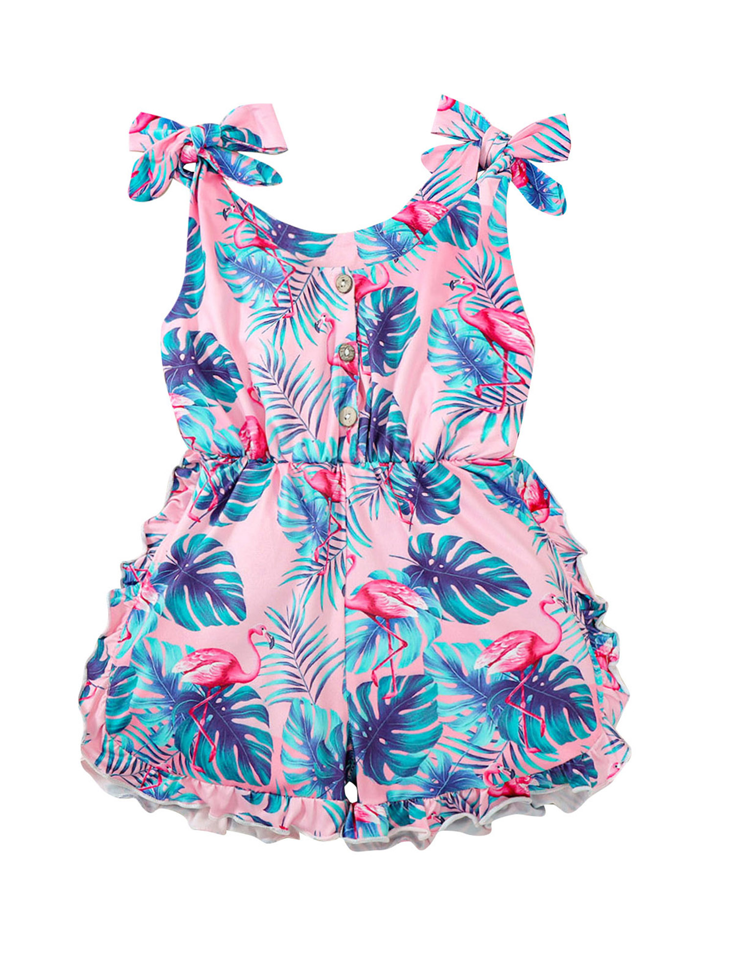 Thorn Tree Girls Sleeveless Jumpsuit Bowknot Strap Button Closure Flamingo Romper Toddler Girls Clothes