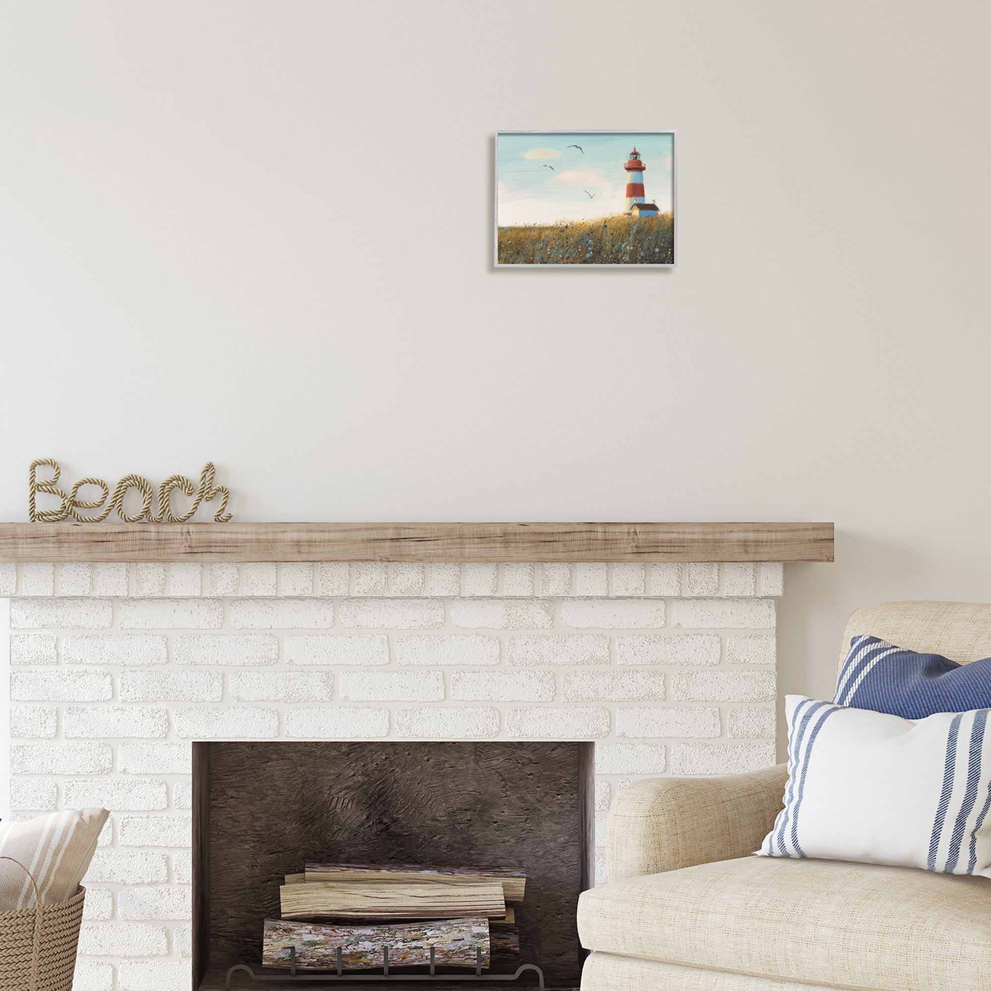 Stupell Industries Coastal Lighthouse Painting Nature Painting Gray Framed Art Print Wall Art, 14 x 11