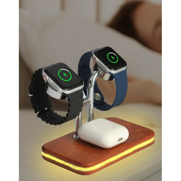 Wood Dual Watch Charger for Apple Watch Series 10 9 8 7 6 5 4 3 2 1 Se Se2 Ultra Ultra 2,Watch Charging Stand Fast Charger,iWatch and AirPods Charging Station with LED Touch Night Light,Gifts for Men