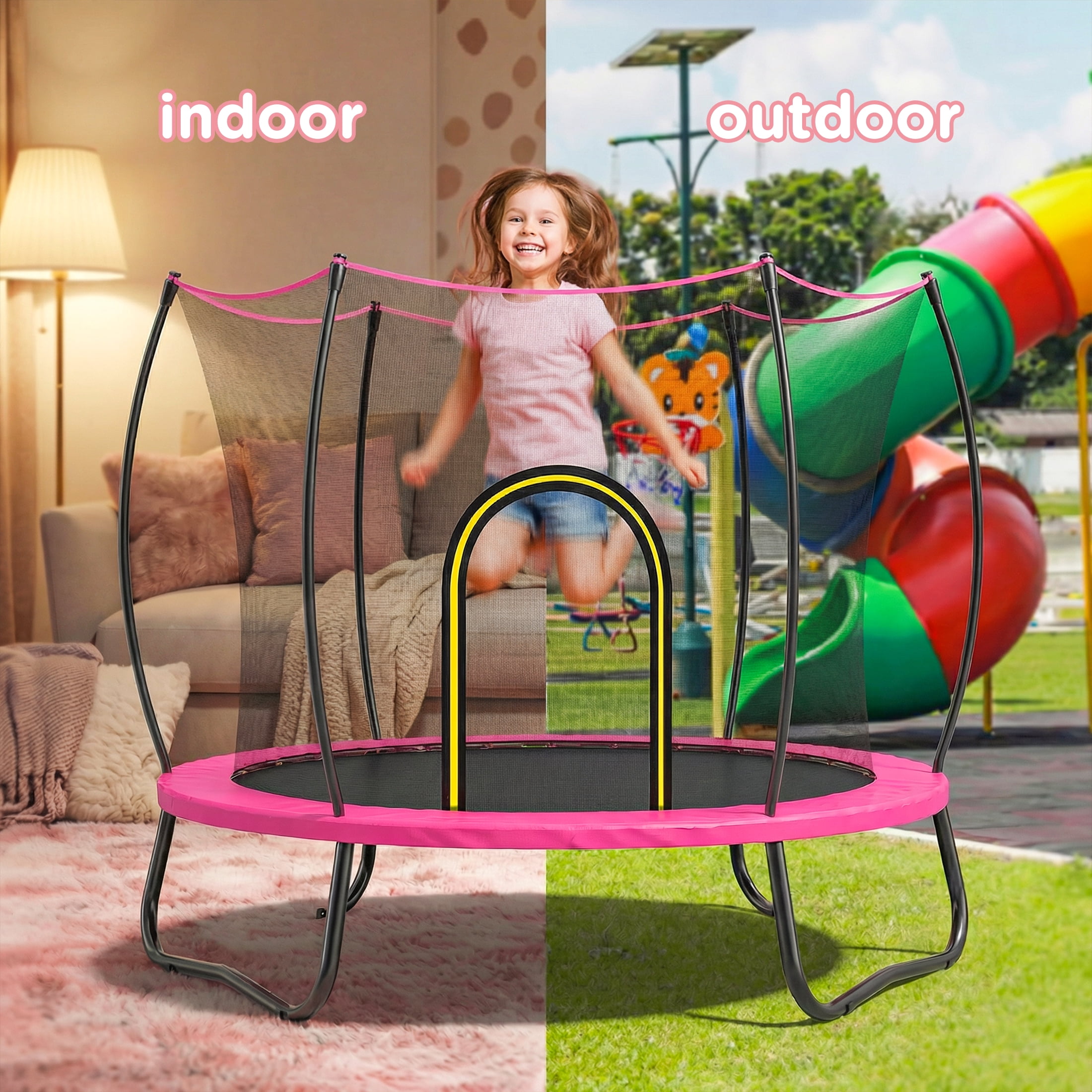 Toddler Trampoline with Basketball Hoop, 60" Indoor Trampoline for Kids, Kids Trampoline with Enclosure Net, Rectangle Trampoline with Handle, Small Trampoline for Indoor Outdoor, Mini Trampoline