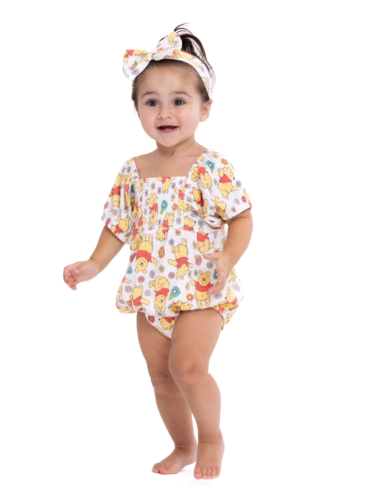 Winnie the Pooh Baby Girl Sundress, Romper and Diaper Cover Outfit Set with Headband, Sizes 0/3M-24M