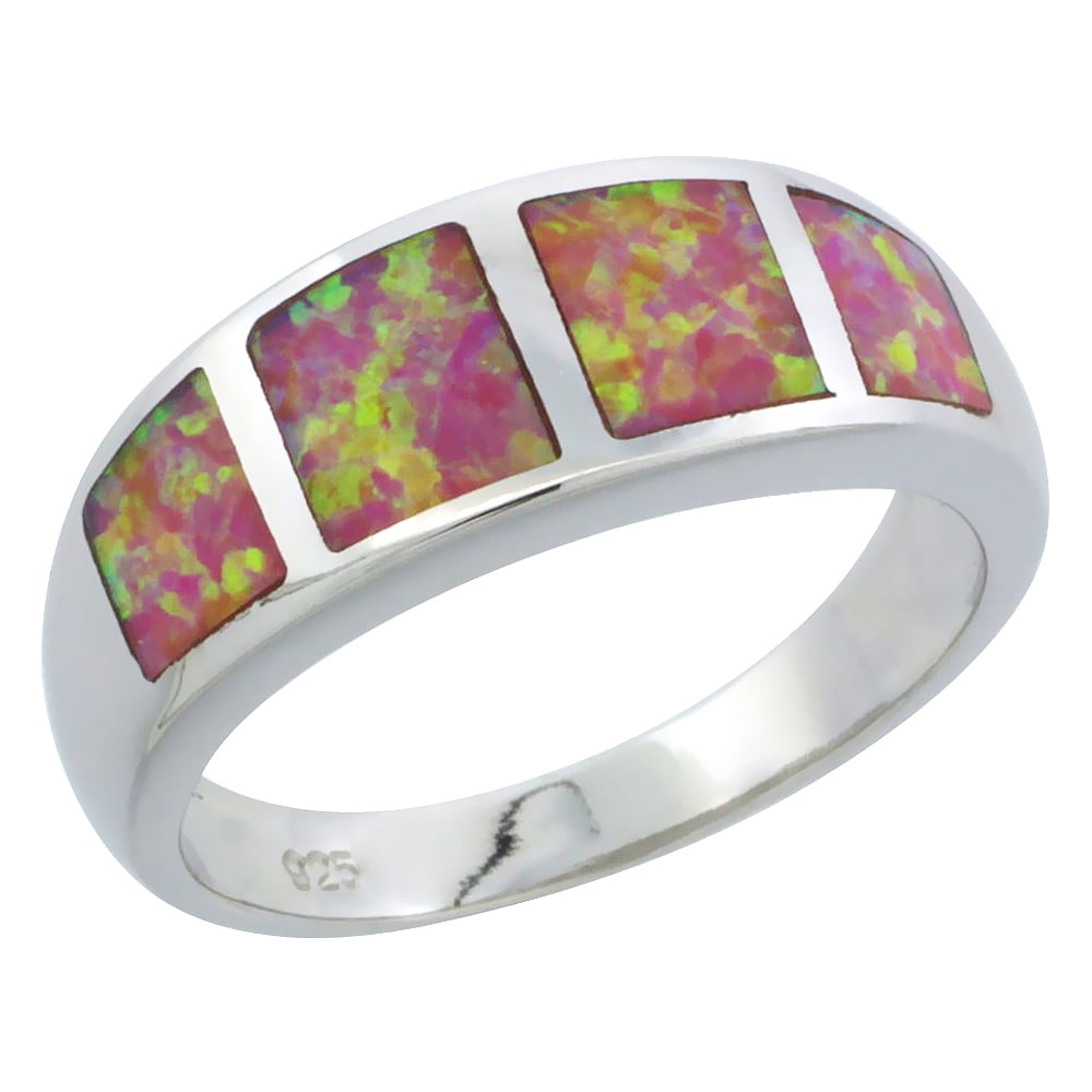 Sterling Silver Synthetic Pink Opal Square Pattern Ring, 5 16 inch by WorldJewels