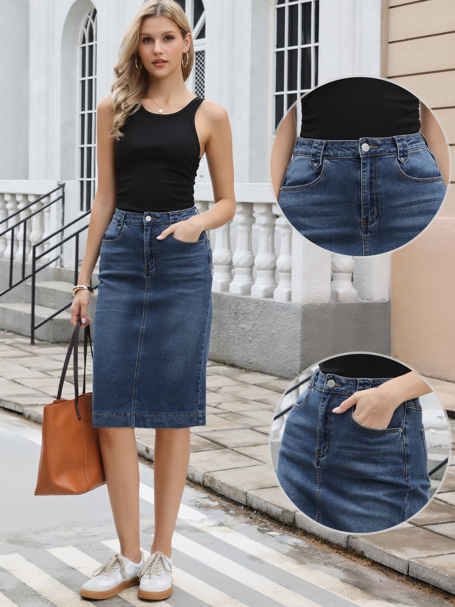 DARING DIVA Women's Split Back Pockets Knee Length Pencil Skirt X-Large Dark Blue