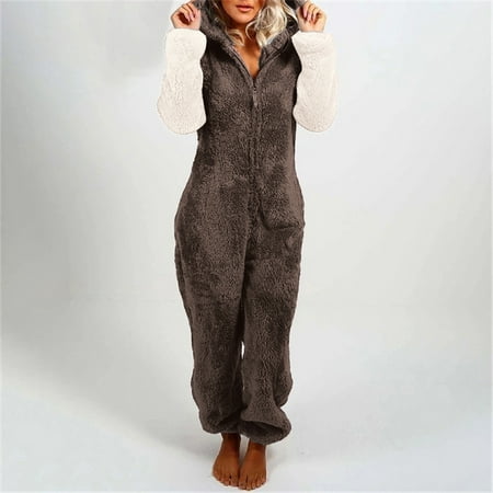 

Warm Winter Coats For women Artificial Wool Long Sleeve Pajamas Casual Solid Color Zipper Loose Hooded Jumpsuit Pajamas Casual Winter Warm Rompe Cute Ears Sleepwear Brown L