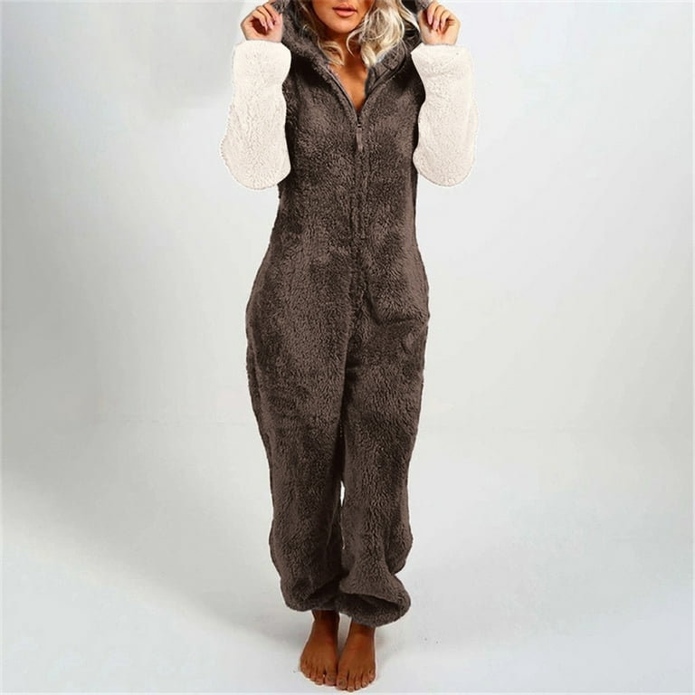 Lisingtool pajamas for women set Women's Artificial Wool Long Sleeve  Pajamas Casual Solid Color Zipper Loose Hooded Jumpsuit Pajamas Casual  Winter