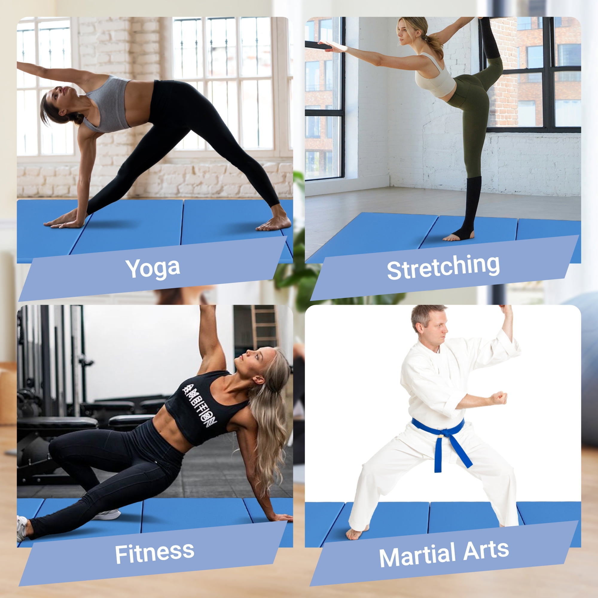 BalanceFrom Versatile 4'x8'x2" High-Density Gym Mats - Extra Thick, Anti-Tear, Easy-Clean, Foldable for Aerobics, Yoga, Martial Arts, with Durable Vinyl and Velcro, Blue