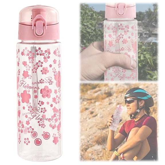 3X9" Flower Water Bottle Sports Transparent Portable Gym Travel Drinking Designs Water Bottle for School Or Travel, Durable Plastic Water Bottle with Straw, Handle, and Leak-Proof, Pop-Up Spout Cover