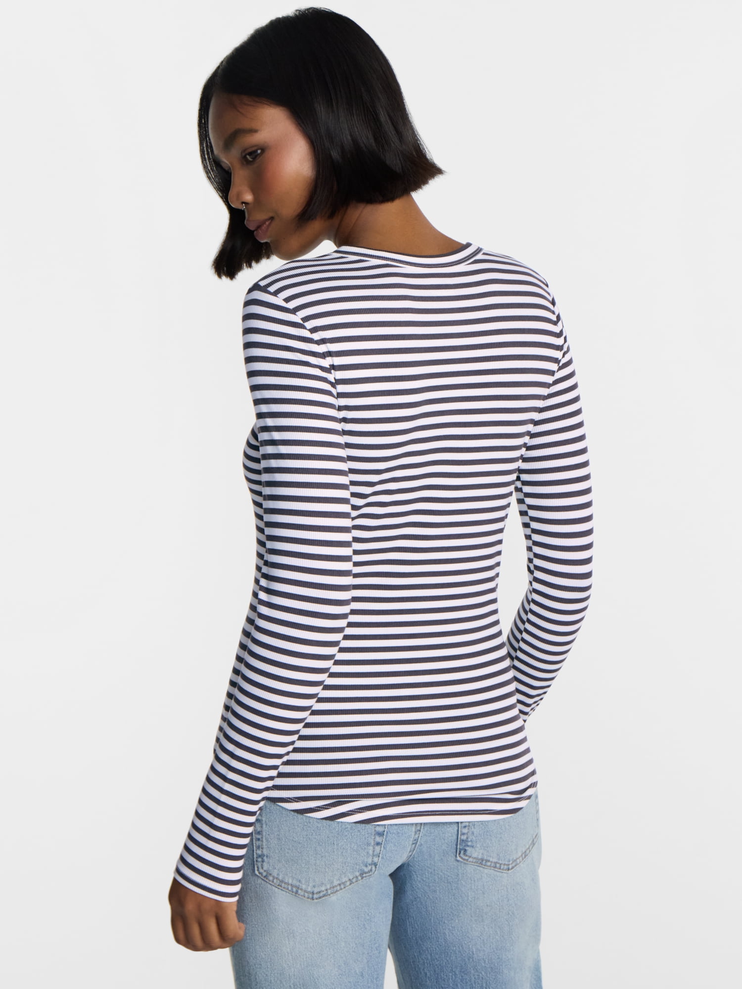No Boundaries Ribbed Crewneck Tee with Long Sleeves, Women's and Women's Plus XXS-4X