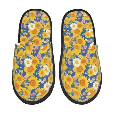 Balery Vintage White Yellow Sunflower Slient Indoor Furry Fleece Comfort House Shoes Soft Non-Slip Home Shoes Cotton slippers House Slippers-- Large
