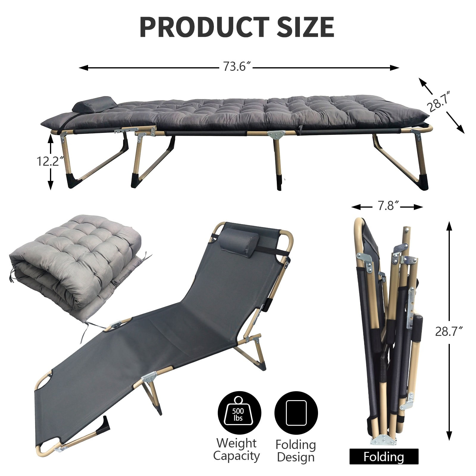 JSTUOKE 5-Fold Camping cot for Adults & Kids, Adjustable Folding Bed Reclining Folding Lounge Chairs with Pillow and Pearl cotton pad, Portable Intdoor Folding Sleeping Cots Bed