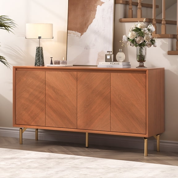 JOINICE 59" Sideboard Buffet Cabinet with 4 Doors, Mid-Century Modern Wood Accent Storage Cabinet, Credenza for Dining Room, Living Room, Entryway, Brown
