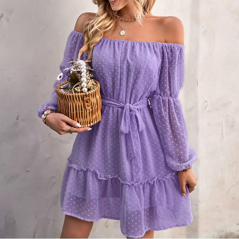 Off Shoulder Dress for Women Long Sleeve Swiss Dot Ruffle Fall Spring  Dresses Tie Waist A Line Swing Mini Dress Ladies Clothes