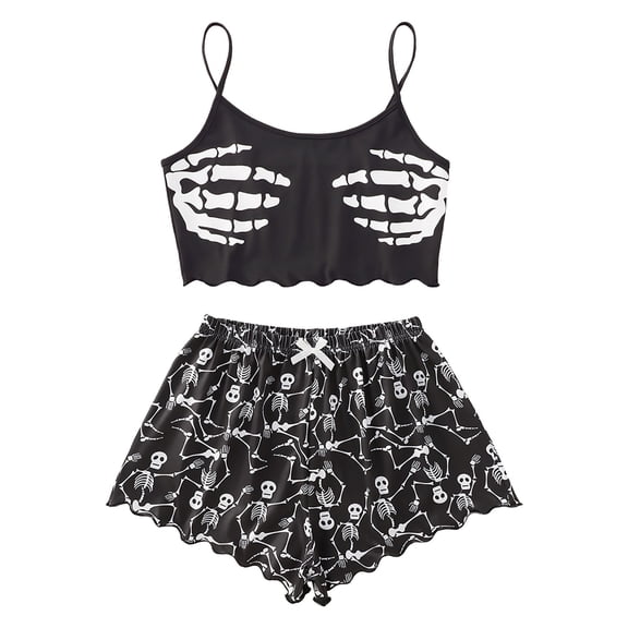 MVRLSH Womens Pajama Sets for Women 2 Piece Halloween Skeleton Print Lettuce Trim Cute Short Top And Shorts Sleepwear wear Soft Sleepwear Lounge Set Gray - M