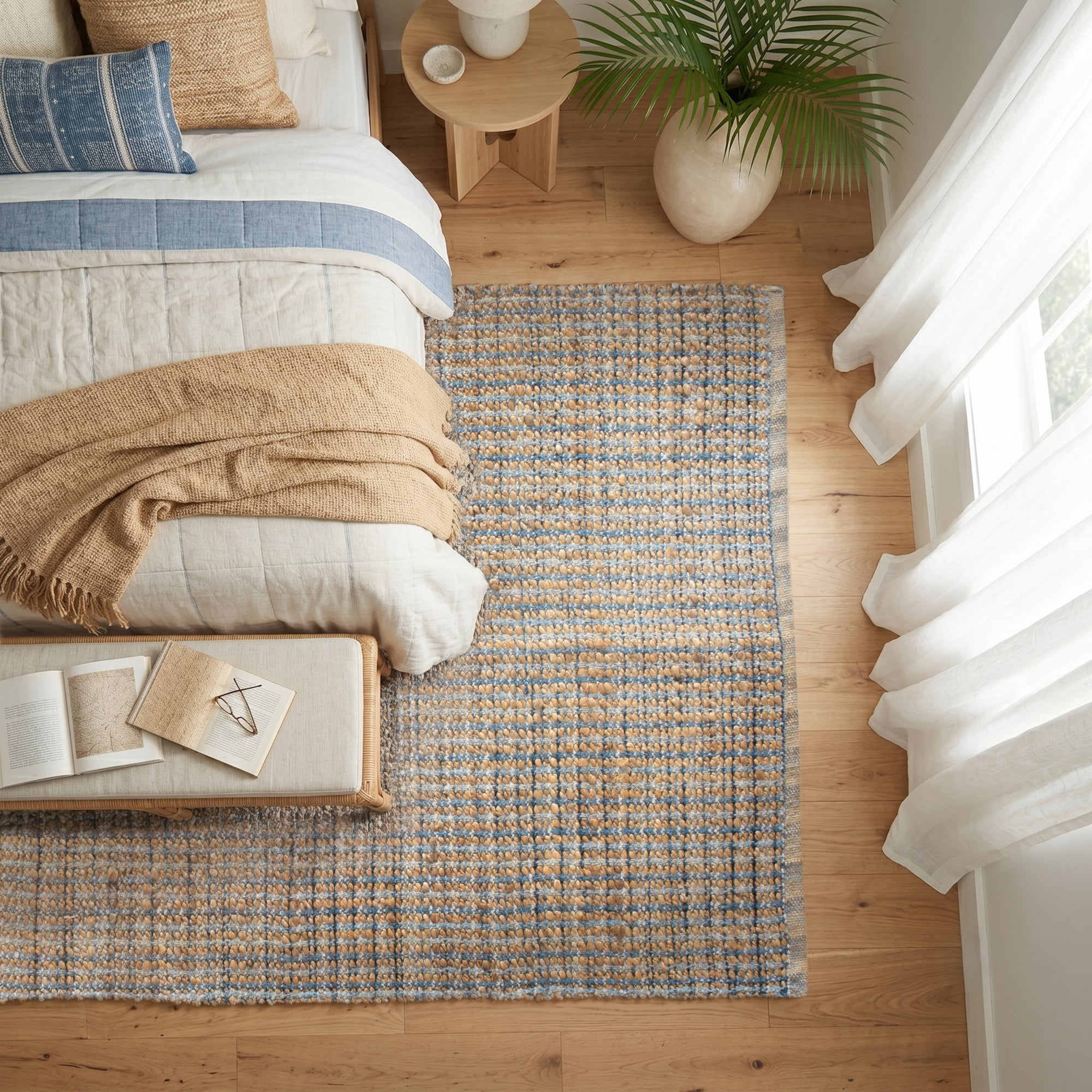 LR Home Natalie Cere Tan/Blue Grid Coastal Jute Blend Area Rug, 5' x 7'9"