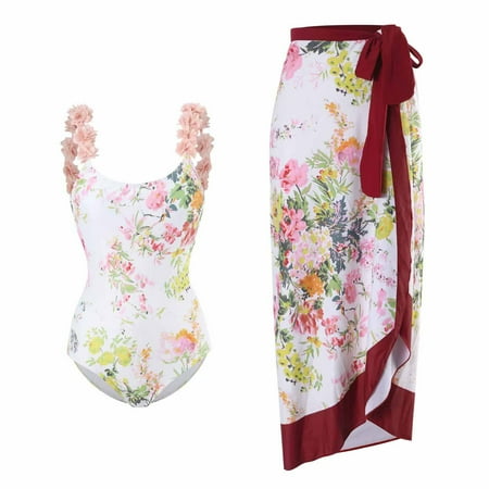 Hvyesh Women s One Piece Swimsuit with Beach Cover up 2 Piece Bathing Suit with Wrap Skirt Retro Floral Print Bikini Sets