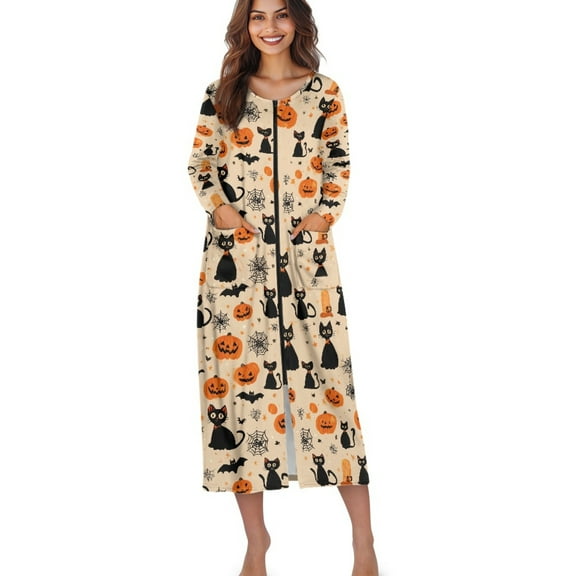 Xoenoiee Cat Pumpkin Bat Spider Web Print Women Long House Coat Halloween Zipper Front Robes Full Length Nightgowns with Pockets Loungewear Bathrobe, Size S