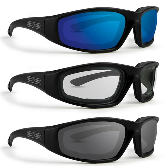 3 Pairs Epoch Foam Padded Motorcycle Sunglasses Black Frames Clear Smoke and Blue Mirror Lens