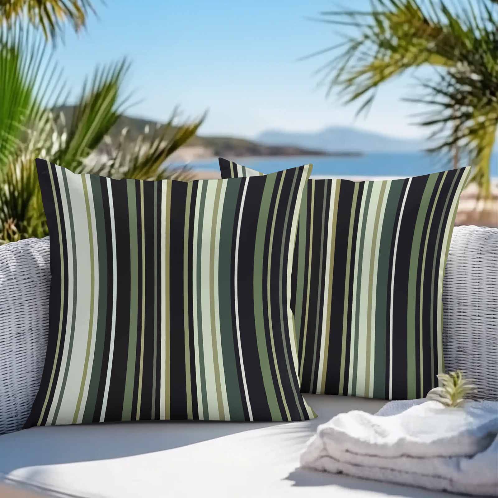 Black Green Outdoor Pillow Covers Set of 2 Stripe Waterproof Throw Pillow Case Decorative Square Cushion Cover for Patio Couch Garden Balcony, 18"x18"