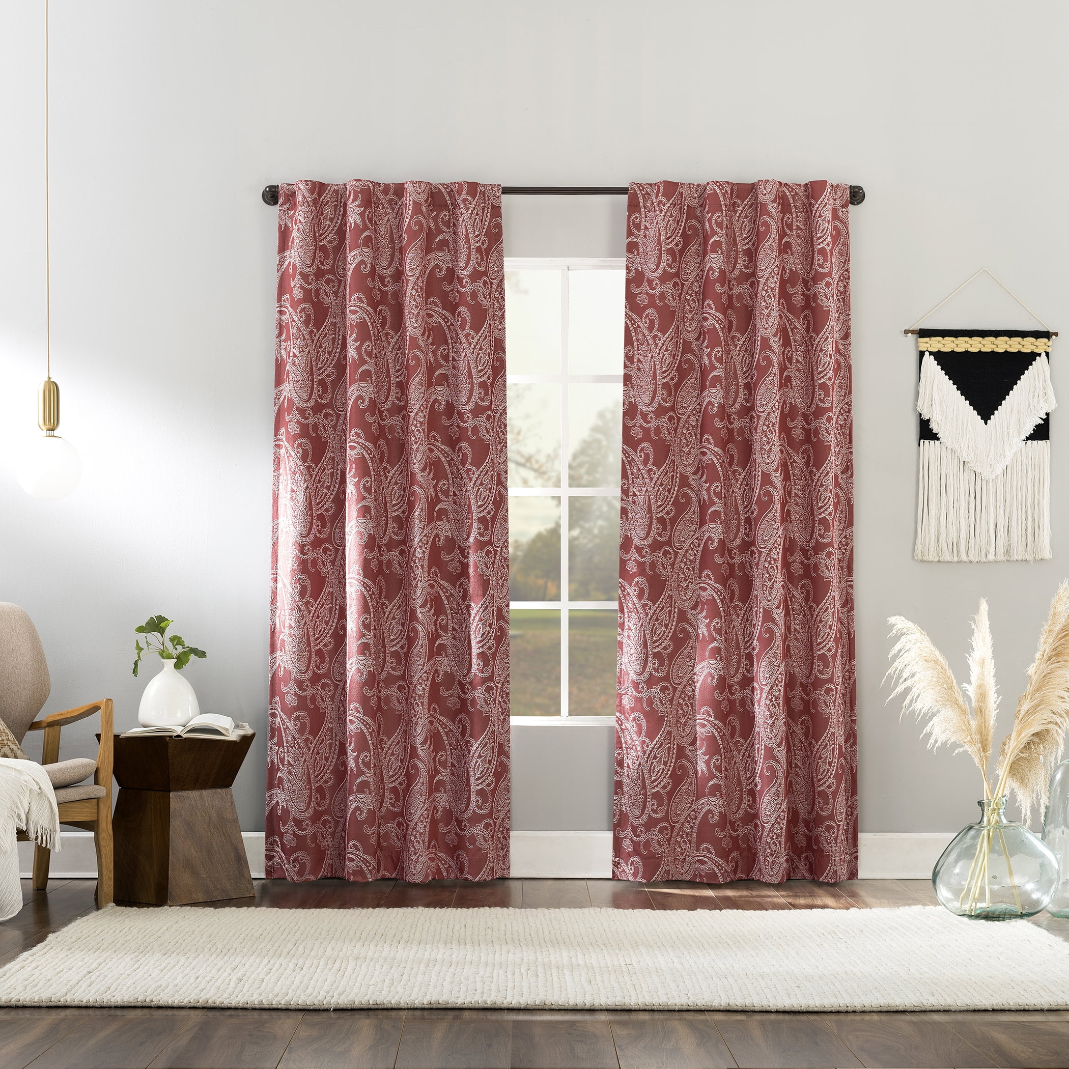 Sun Zero Pedra Paisley Embroidery 100% Blackout Back Tab Curtain Panel, 40"x96", Rustic Red