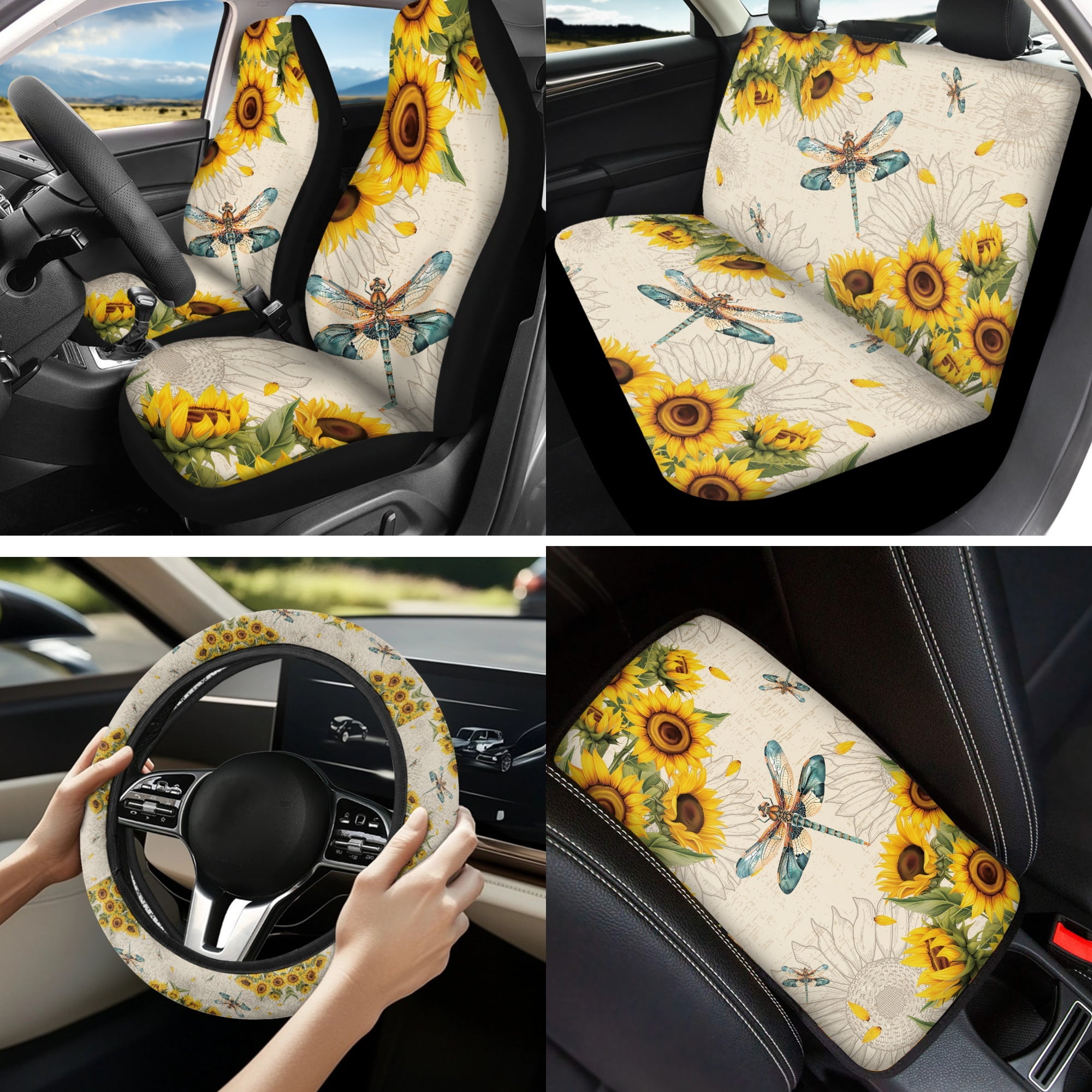 Jeiento Dragonfly Car Front Back Seat Covers Sunflower Steering Wheel Cover Armrest Cover Pad Seat Belt Pads Coasters Keychain Chapstick Holder Universal Fit, 13 PCS