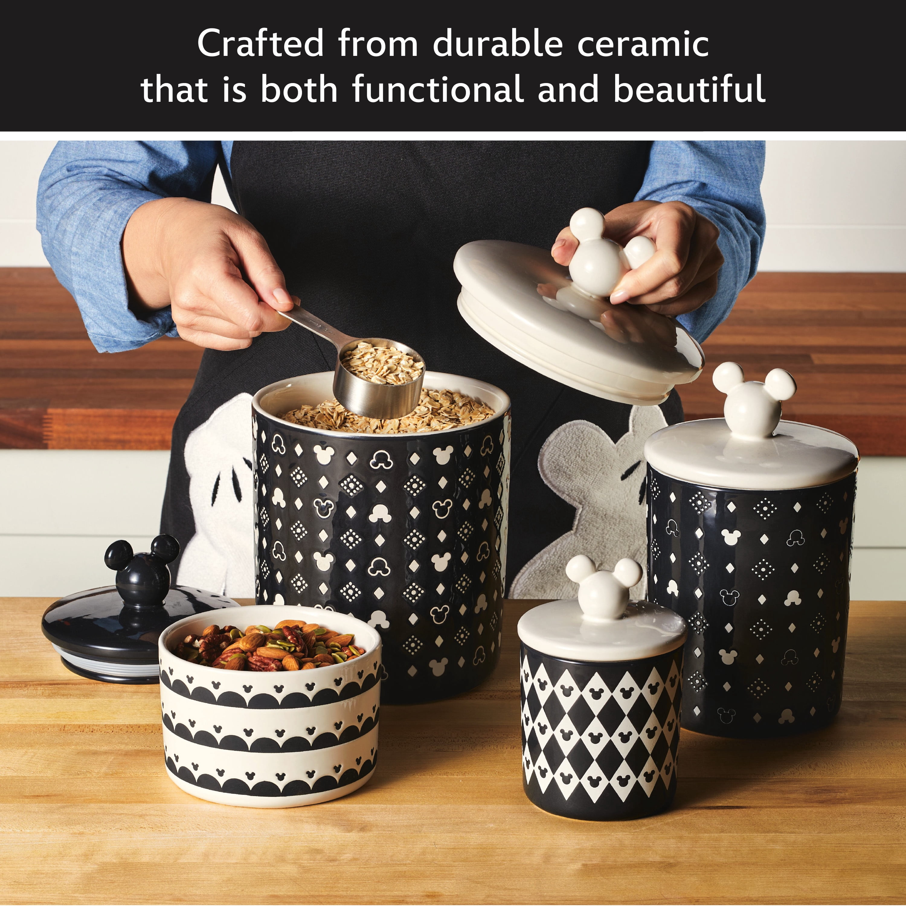 Disney Home Monochrome 12.8 Cup Extra Large Ceramic Canister and Lid with a geometric pattern featuring Mickey’s iconic silhouette, Black