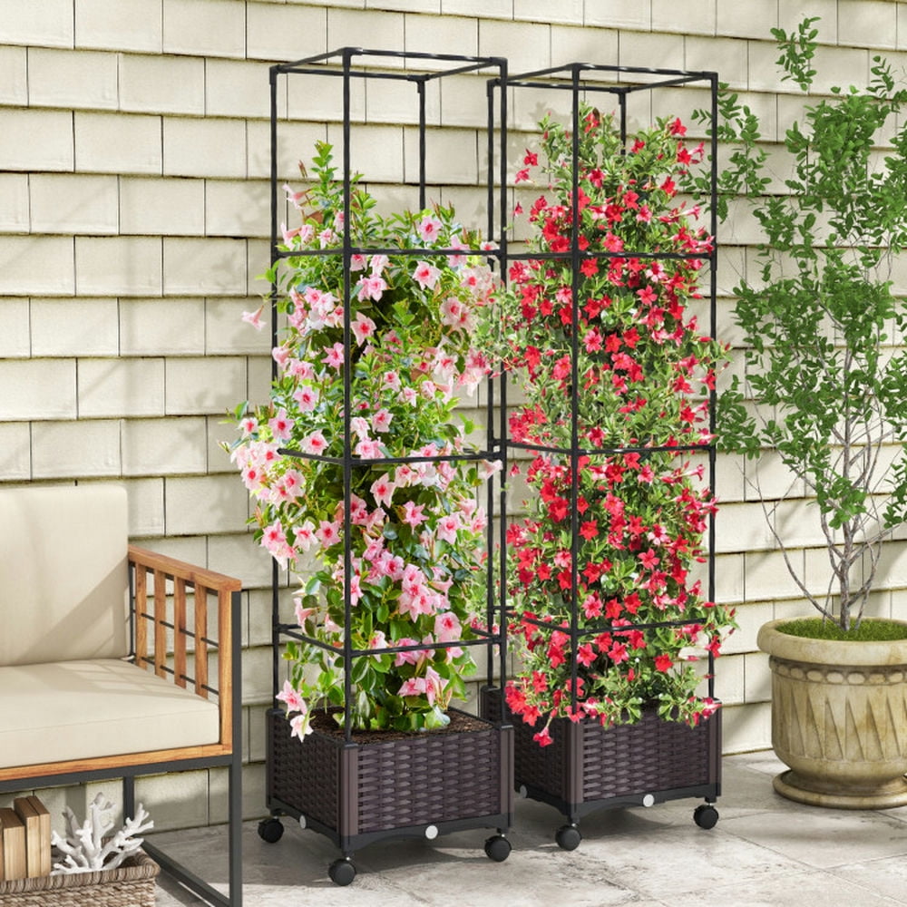 Demifill 67 Inches Raised Garden Bed with Planter Box and Trellis, 2-in-1 Functionality and Expandable Garden Bed, Brown