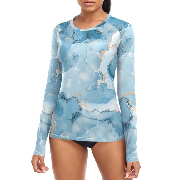 Marble Light Blue Gradient Women's Rash Guard Shirts UPF 50 Sun Protection Clothing Long Sleeve Swim Suits XS