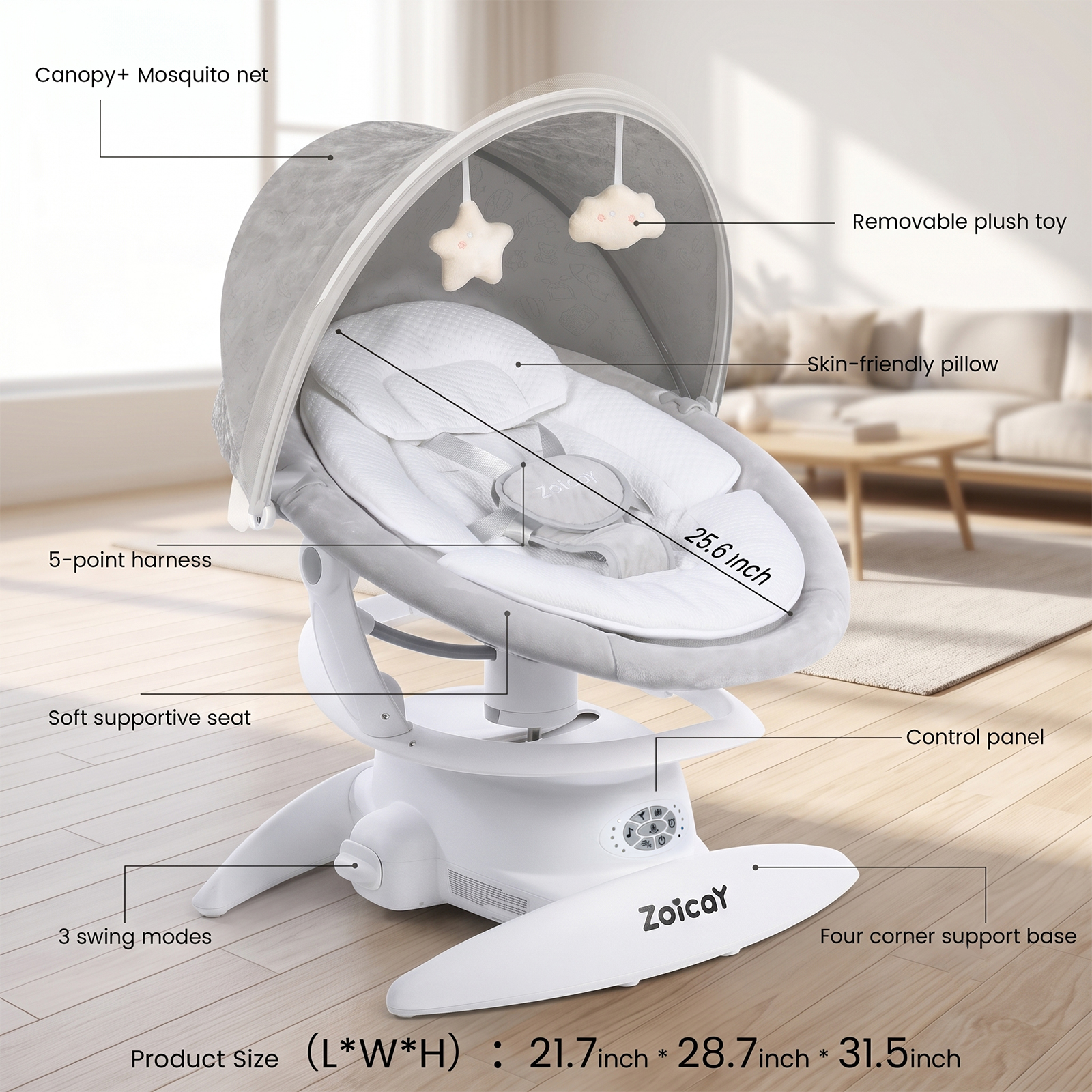 Zoicay 3-in-1 Baby Swing and Rocker, White photo 2